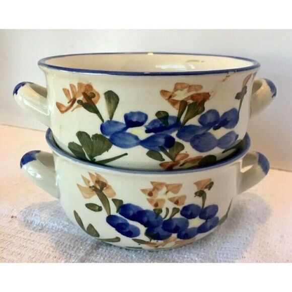 Stoneware Soup Bowls Chi Jiang China Hand Painted Floral Flowers Set of FOUR (4) - Picture 2 of 7